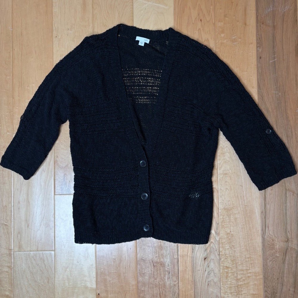 J. Jill Cardigan Women Medium Black Open Knit Button Front 3/4 Sleeve Sweater